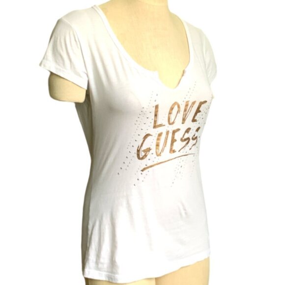 GUESS White Graphic Tee Beaded/Studed Sz M #67G - Picture 2 of 6
